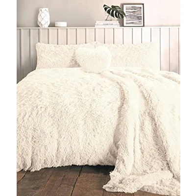 Immagine di Set di biancheria da letto con copripiumino e federe, morbido, caldo accogliente, in finta pelliccia orsetto, (crema, super king size)