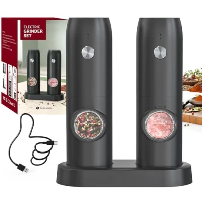 Immagine di CIRCLE JOY Set Macina Sale e Pepe Elettrico Spezie con Doppia Stazione di Ricarica, Contenitore da 70ml, Luce LED Bianca Rugosità Regolabile, Nero