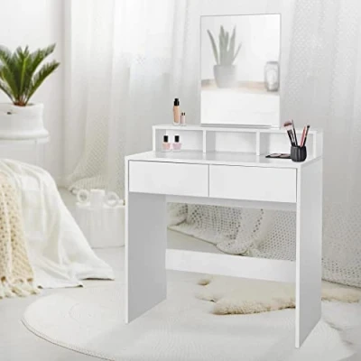 Immagine di ML Design Toeletta Tavolo Postazione da Trucco con Specchio Rettangolare e 2 Cassetti 80 x 40 140 cm Bianco Moderno 3 Scomparti Aperti Portaoggetti Specchiera per Cosmetici Organizzatore