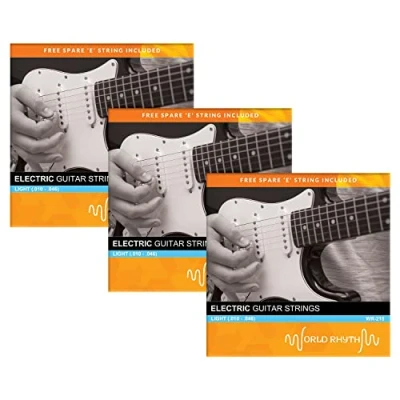 Immagine di World Rhythm WR 210 Corde per chitarra elettrica calibro leggero (.010 .046) con corda di ricambio Mi acuto Confezione da 3 pezzi