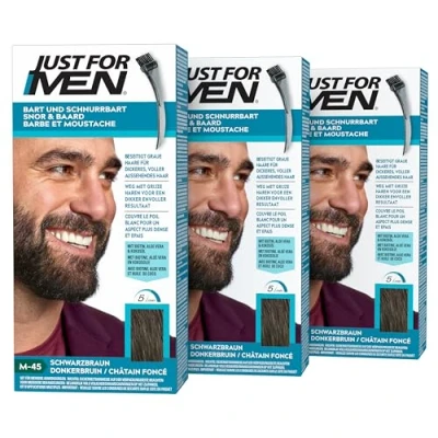 Immagine di Just For Men Baffi e barba tintura marrone scuro, colore barba, tinta, elimina i capelli grigi per un aspetto più completo, con pennello applicatore, confezione da 3 (3 x 28,4 g)