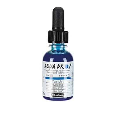 Immagine di Schmincke AQUA DROP, liquido, blu ciano, flaconcino con pipetta, 30 ml, 24480034, acquarelli liquidi, urban sketching, calligrafia, handlettering