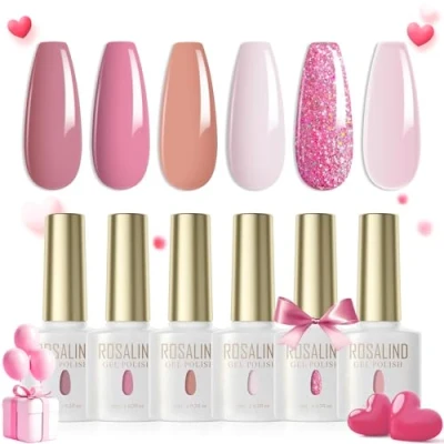 Immagine di ROSALIND Shellac Smalto Semipermanente Unghie Rosa Chiaro Marrone Glitter 6 Colori UV LED Soak Off Gel Smalti Semipermanenti Valentino