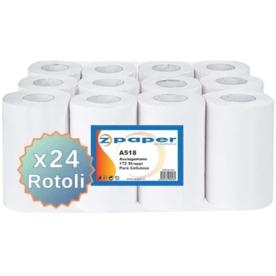 Immagine di ZPAPER 24 Rotoli Asciugamani carta Pura Cellulosa, lunghezza 60 metri a Rotolo, 2 Veli, Anima Spirale, confezionati. Rotoloni Asciugatutto Bobine