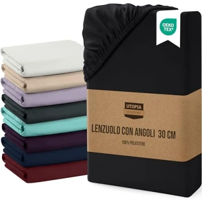 Immagine di Utopia Bedding Lenzuolo con Angoli, Una Piazza 160x200x30 cm Nero Microfibra di Poliestere Spazzolato Sotto Angoli Elasticizzato