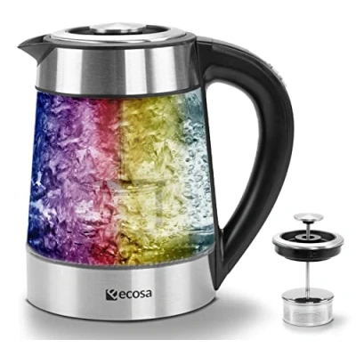 Immagine di Bollitore in vetro con colino da tè e filtro anticalcare 1,7 litri Regolazione temperatura 40 C 100 2200 W Acciaio inossidabile selezione di 100% senza BPA Funzione