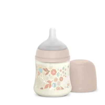 Immagine di Suavinex, Biberon da 150 ml, con tettarella Simmetrica in Silicone SX Pro e Valvola Anticolica. a flusso lento (S). Neonati +0 mesi. Wonderland Fiori Rosa