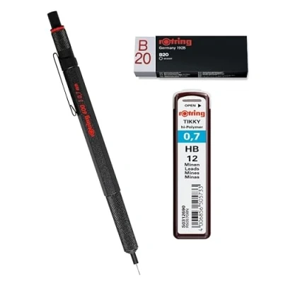 Immagine di rOtring Set di 600 portamine da 0,7 mm, corpo interamente in metallo, fusto esagonale, HB 0,70 mm (12 mine), gomma B20