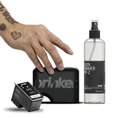 Immagine di Stampante temporanea per tatuaggi Prinker M Black, personalizzati in pochi secondi, resistente all&#039;acqua e lavabile con sapone, compatibile Android iOS, inchiostro cosmetico incluso.