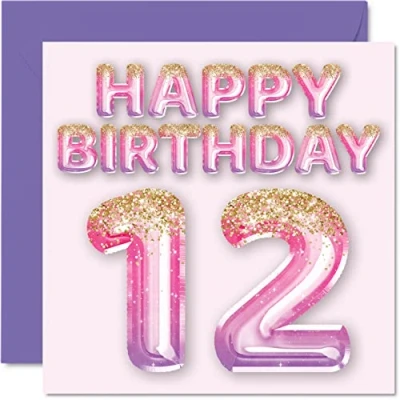Immagine di Stuff4 Biglietto di auguri per il 12 compleanno ragazze, con palloncini glitterati rosa e viola, biglietti anni, figlia, sorella, nipote, cugina, 145 mm x mm, dodicesimo