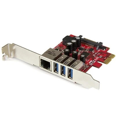 Immagine di StarTech.com Scheda Espansione PCI Express USB 3.0 a 3 Porte con Uasp e Staffa Basso Profilo + Gigabit Ethernet, Alimentazione Sata
