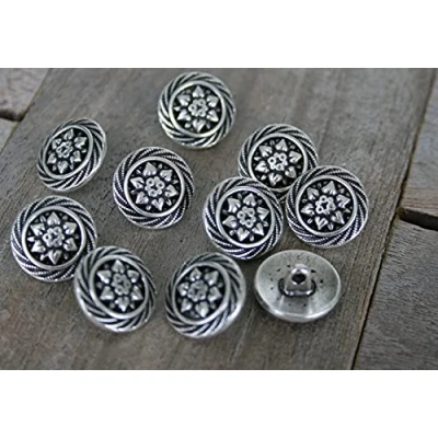 Immagine di 10 bottoni in metallo, 15 mm, con motivo a stella alpina, colore argento lucido o ottone antico (argento)