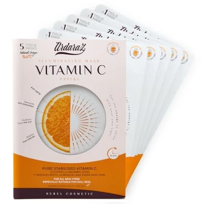 Immagine di Ardaraz maschere per il viso Idratanti con Vitamina C e Acido Ialuronico. in tessuto effetto Illuminante Antimacchia. Set coreane da 5