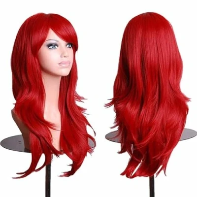 Immagine di Colorful panda 28 Pollic/70cm rosso Parrucca Cosplay per le Ragazze, Modo Lunga Ricci Capelli Partito Halloween, Signora Ondulate Lunghe Della Parrucche Donna