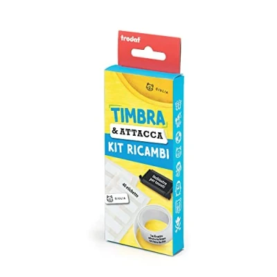 Immagine di Trodat Timbra &amp; Attacca Refill Kit, Kit di Ricambio, contiene 40 Etichette Adesive, 1 m Nastro Termoadesivo, Cartuccia Ricambio con Inchiostro Nero per Tessuti e Dermatologicamente Testato