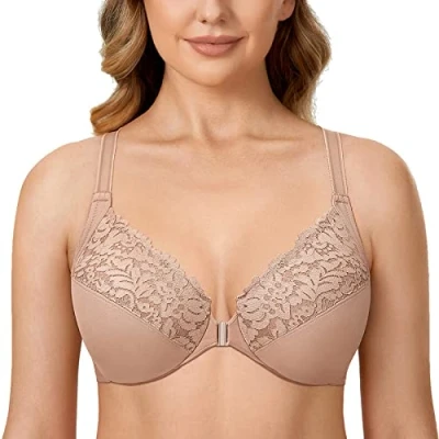Immagine di DELIMIRA Donna Reggiseno con Apertura Frontale Taglie Forti in Pizzo Racerback Senza Imbottitura Ferretto Champagne Perlato 4C