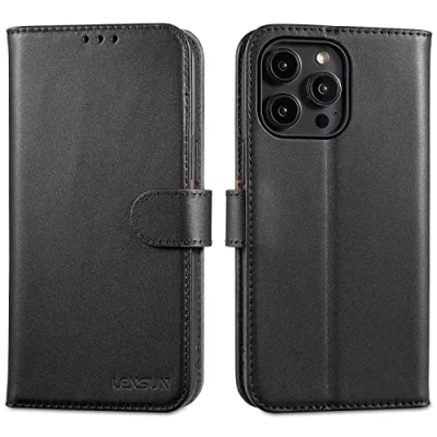 Immagine di Lensun Custodia per iPhone 14 Pro Max, Cover in Vera Pelle [RFID Blocking] Libro con Portafoglio Chiusura Magnetico Flip Custodie Cuoio Telefono Max Nero