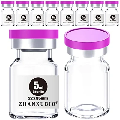 Immagine di ZHANXUBIO Flaconi vuote sterili con porta di iniezione autoguarigione e tappo in plastica alluminio, confezione sterile (5 ml trasparente 10 pezzi)