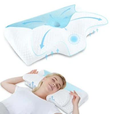 Immagine di HOMCA Cuscino Cervicale Ergonomico Memory Foam per Supporto Ortopedico Dormire sul Fianco e sulla Schiena, Blu