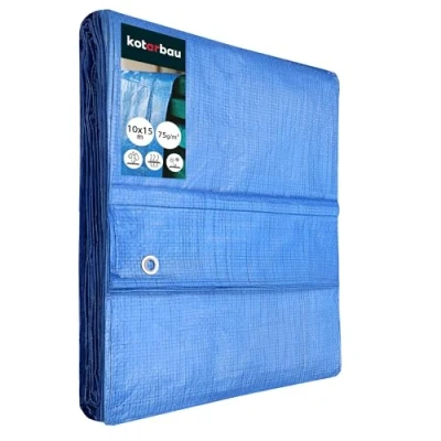 Immagine di KOTARBAU Telone pvc protettivo in tessuto, 10 x 15 m, blu, 75 g/m2, teloni con occhielli rinforzati telo per coprire legna impermeabile occhiellato usati