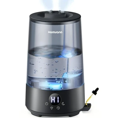 Immagine di Homvana Umidificatore per camera da letto, riempimento superiore, 3,6 L, 360 C, 34 ore resistente, silenzioso, 16 dB (SilentSpary Tech), piccolo, senza BPA, diffusore di aromi piante, luce a 7
