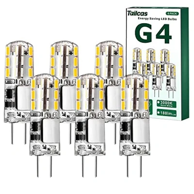 Immagine di Tailcas G4 LED 12V Lampadina, 1.5W Lampadine Equivalente a 20W Lampade Alogena,180Lumen, Bianco Caldo 3000K, Non Dimmerabile, Nessun Sfarfallio, 6 Pezzi