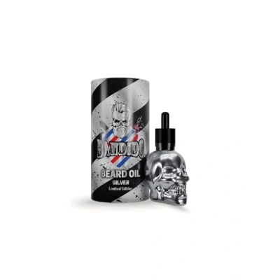Immagine di Bandido Olio per barba, la cura quotidiana della barba di 3 giorni o piena, idea regalo uomini, 40 ml con dispenser pipetta, design teschio, siero barber shop, colore argento
