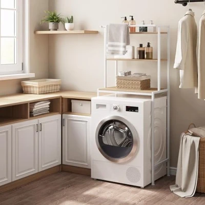 Immagine di EUGAD Scaffale sopra Lavatrice a 3 Livelli, Mobile WC Autoportante con Asta di Sospensione, per Bagno o Lavanderia, Rovere Chiaro e Bianco, 67x40x162cm