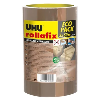 Immagine di UHU Nastro adesivo da imballaggio Rollafix Classic, 50 mm x m, confezione 3 pezzi, silenzioso