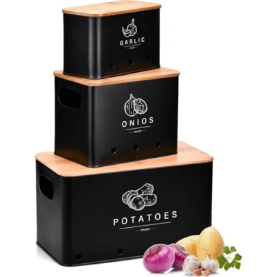 Immagine di EOPUOZS Porta Patate Cucina, Set di 3 Contenitore per Patate, Cipolle e Aglio con Coperchio in Bambù Fori Ventilazione, Contenitori Salvaspazio Cucina Design Retrò (Nero)