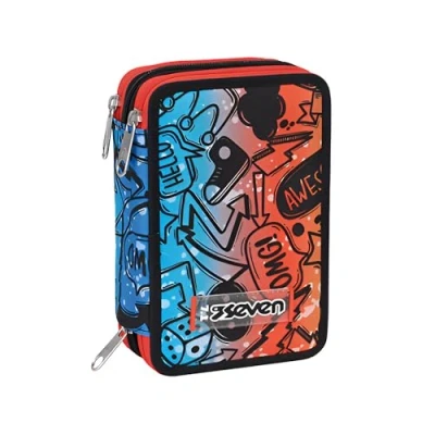 Immagine di Seven Astuccio 3 Scomparti, Blu Arancione, Triplo Scomparto, Completo di Matite, Pennarelli, Colori, Accessori Zaino, Elementari, Medie, Superiori