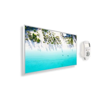 Immagine di Riscaldatore a infrarossi Könighaus 1000 Watt + termostato smart e APP una stufetta elettrica basso consumo Cornice bianca (14. Spiaggia da sogno 1)