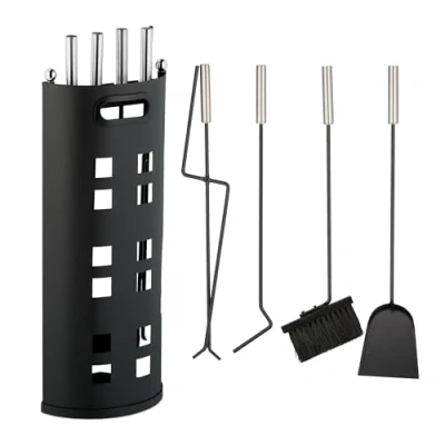 Immagine di Relaxdays Set da 5 Attrezzi Camino, Attizzatoio, Paletta, Scopino, Pinza e Supporto Porta Utensili, in Acciaio, Nero, Plastica, 61 x 22 15 cm