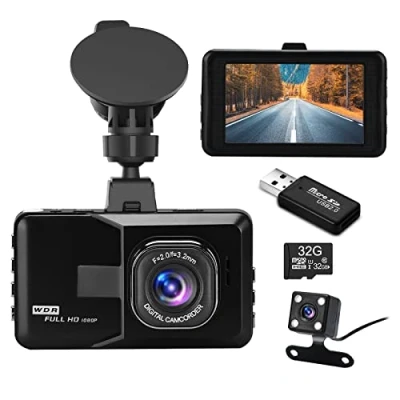 Immagine di Podazz Dash Cam Doppia Telecamera per Auto con Scheda SD da 32 GB, 1080P Visione Notturna, 3 Pollici Obiettivo Grandangolare di 170, WDR, G Sensor, Registrazione in Loop, Sensore Parcheggio
