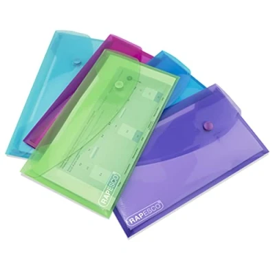 Immagine di Rapesco 0690 ECO Busta Portadocumenti con Bottone, Materiale Riciclato, DL, Colori Assortiti Trasparenti, Confezione da 5