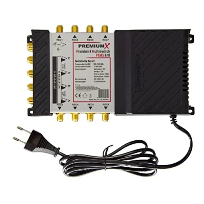 Immagine di Premium X PXMS Multiswitch 9/8 con alimentatore 2 posizioni satellitari su 8 uscite Supporta Digital HDTV FullHD 4K UHD 8K Compatibile