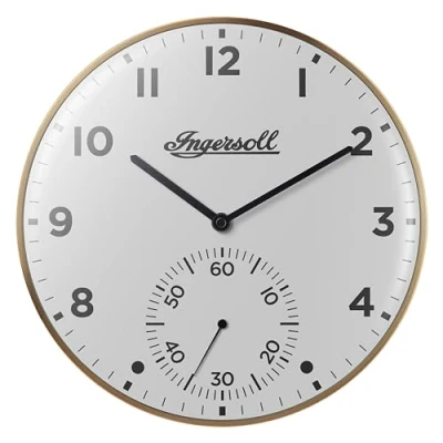 Immagine di Ingersoll Orologio da parete analogico, facile lettura, con cassa color oro e quadrante bianco, diametro di 30 cm