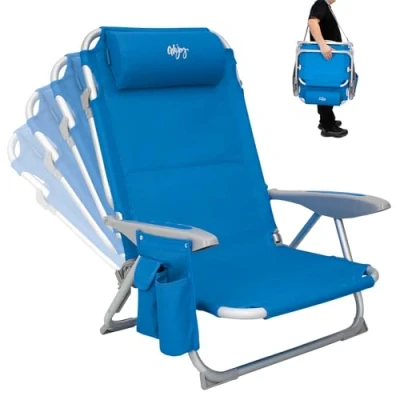 Immagine di #WEJOY Sedia da Spiaggia Campeggio Pieghevole, Spiaggina Portatile con Tracolla, 4 Livelli Schienale Reclinabile Regolabile Sdraio Basso Seduta, in Alluminio per Mare (Blu)