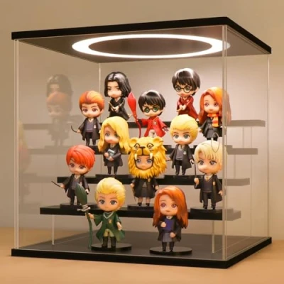 Immagine di Vetrina in Acrilico Trasparente con LED e Interruttore, Espositiva Teca Plexiglass Cubo Scatola Contenitori per Collezionismo, Modellismo, Minifigure, Statuette (Nero, 5 Livelli, 30x28x30 cm)
