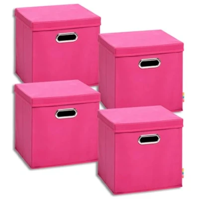 Immagine di Storanda Set di 4 contenitori con coperchio, 28 x cm, manici larghi su entrambi i lati, stabili e pieghevoli, per scaffali cubi, colore rosa
