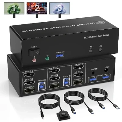 Immagine di switch KVM USB 3.0 HDMI + 2 DisplayPort 3 monitor computer, a tre 4K@60Hz per computer che condividono con porte e microfono audio