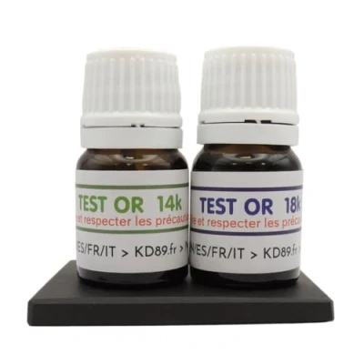 Immagine di KD89 Assortimento di reagenti/soluzioni per testare l&#039;oro, 14 18 carati, con pietra tocco naturale e istruzioni multilingue, competenza gioielli, monete, lingotti, 2,5 ml