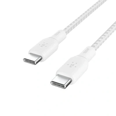Immagine di Belkin cavo da USB Tipo C a C, Power Delivery 100 W, certificazione IF, 2.0 con esterno in nylon doppia intrecciatura per iPhone 16/15, iPad Pro, MacBook, Galaxy, 2 m, bianco