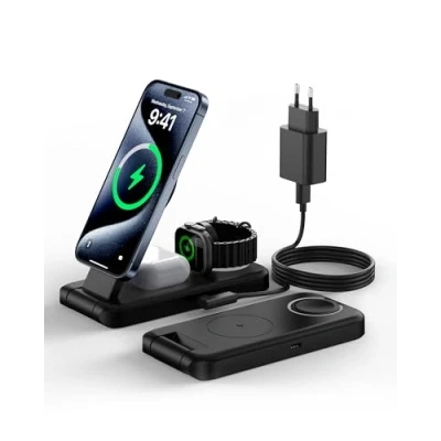 Immagine di Mag Safe Caricatore induttivo pieghevole 3 in 1 per iPhone 15 14 13 12 11 Pro Max Plus e Apple Watch 9/8/7/6/5/4/3/2/SE Travel Wireless Charger con adattatore