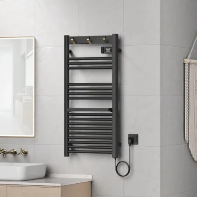 Immagine di pro.tec Scaldasalviette Elettrico Bagno Scalda Asciugamani da Parete 105 x 50 cm Termoarredo 500 W con Termostato Digitale Programmabile e 3 Ganci Ribaltabili Nero