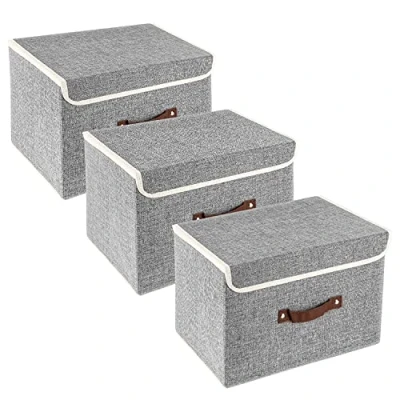 Immagine di TYEERS Scatole Portaoggetti Tessuto, Lavabile, con Coperchio Pieghevole, 38x25x25 cm, Set di 3, Grigio