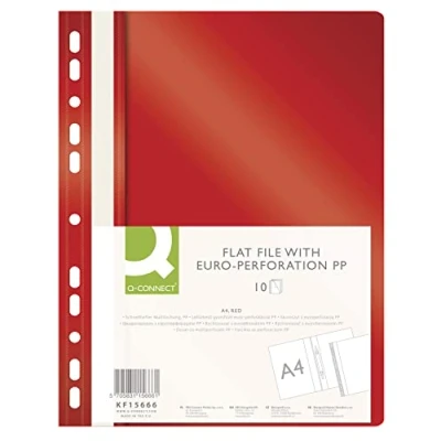 Immagine di Q CONNECT KF15666 Cartellina portadocumenti in plastica, formato A4, confezione da 10, colore: Rosso/Cartelline perforate con strisce etichettatrici/con coperchio trasparente/perforazione/fori