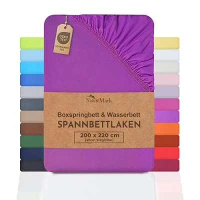 Immagine di NatureMark Lenzuolo con angoli elasticizzati Basic per materasso a molle e ad acqua, 200 x 220 cm, 40 cm di altezza, 100% cotone, viola