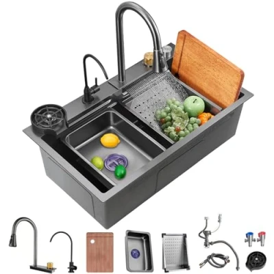 Immagine di Lavello Cucina Nano Nero Lavandino A Cascata In Acciaio Inossidabile 304 Per Postazione Di Lavoro Vasca Singola Con Rubinetto Multifunzionale Caricamento Dall&#039;alto (85x45x21 cm)