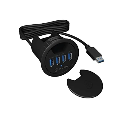 Immagine di ICY BOX IB Hub1403 Hub USB da tavolo (60 mm), incasso, 4 porte 3.0, passacavo, cavo di alimentazione 5 V incluso, colore: nero
